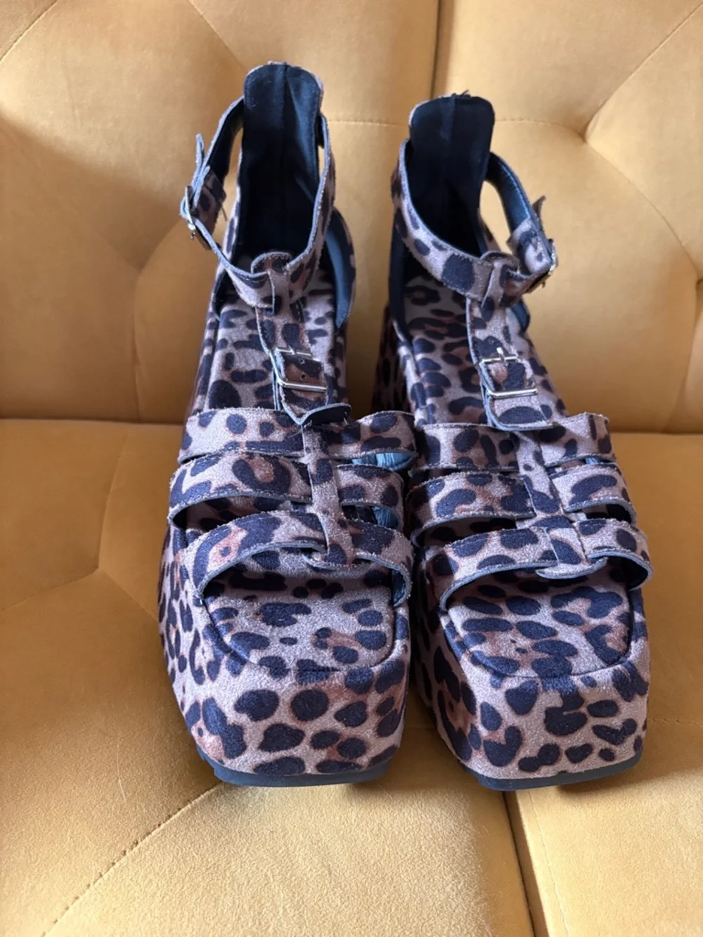 Dolls Kill Leopard Print Platform Sandals - Tan and Black